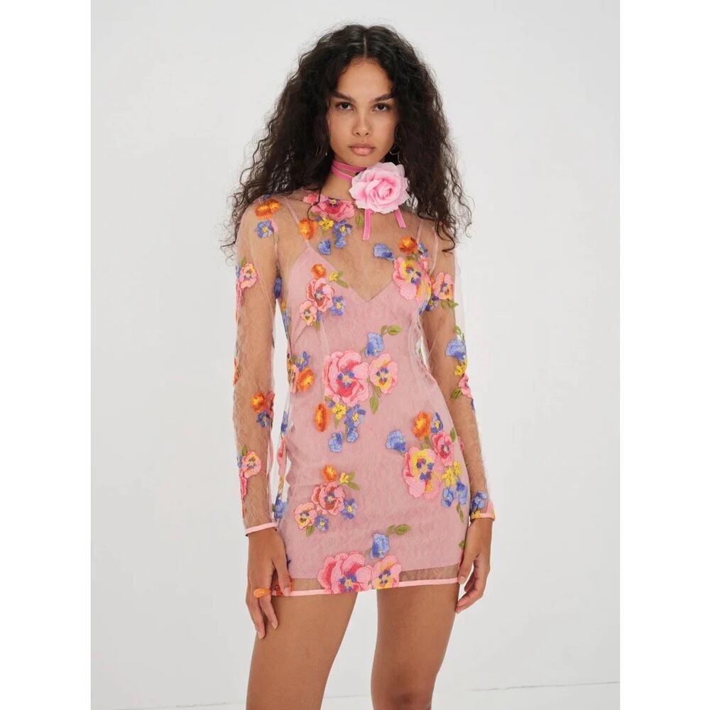 FOR LOVE & LEMONS -NWT- PERCY MINI‎ DRESS Floral Sheer Lace- MULTI Sz:M Ret$320